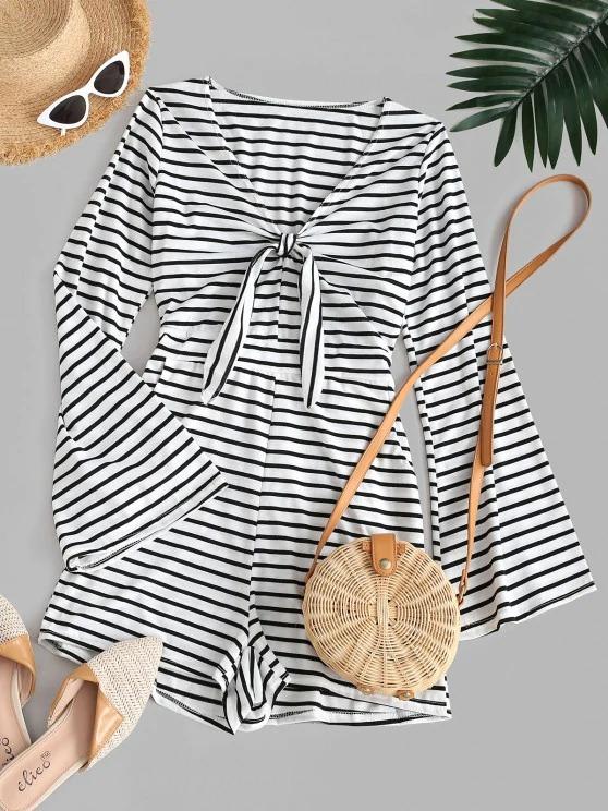 Stripes Flare Sleeve Tie Front Romper - LuckyFash™