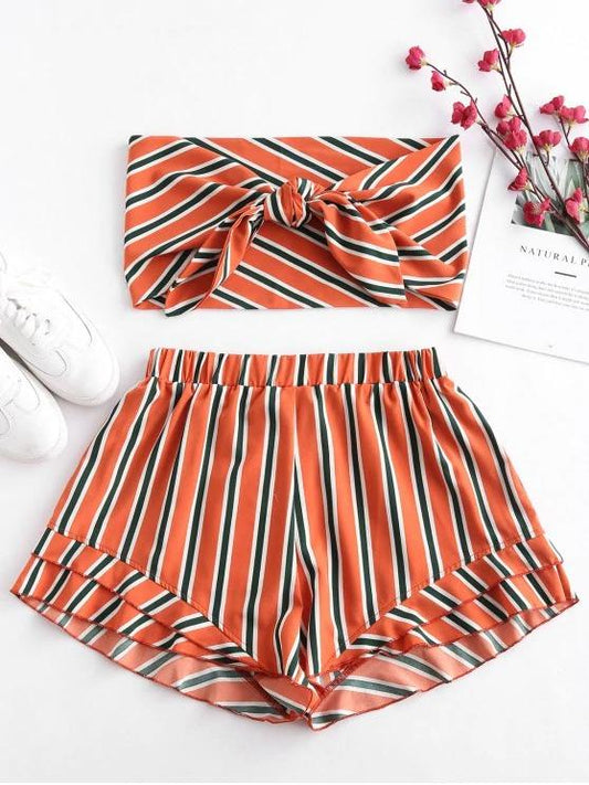 Stripes Tie Front Bandeau Top Set for Women