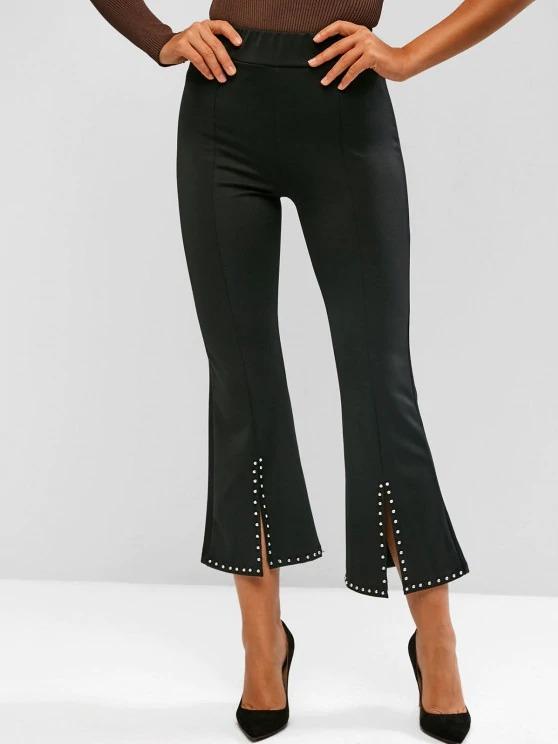 Studded Slit Hem Pull On Flare Pants for Women