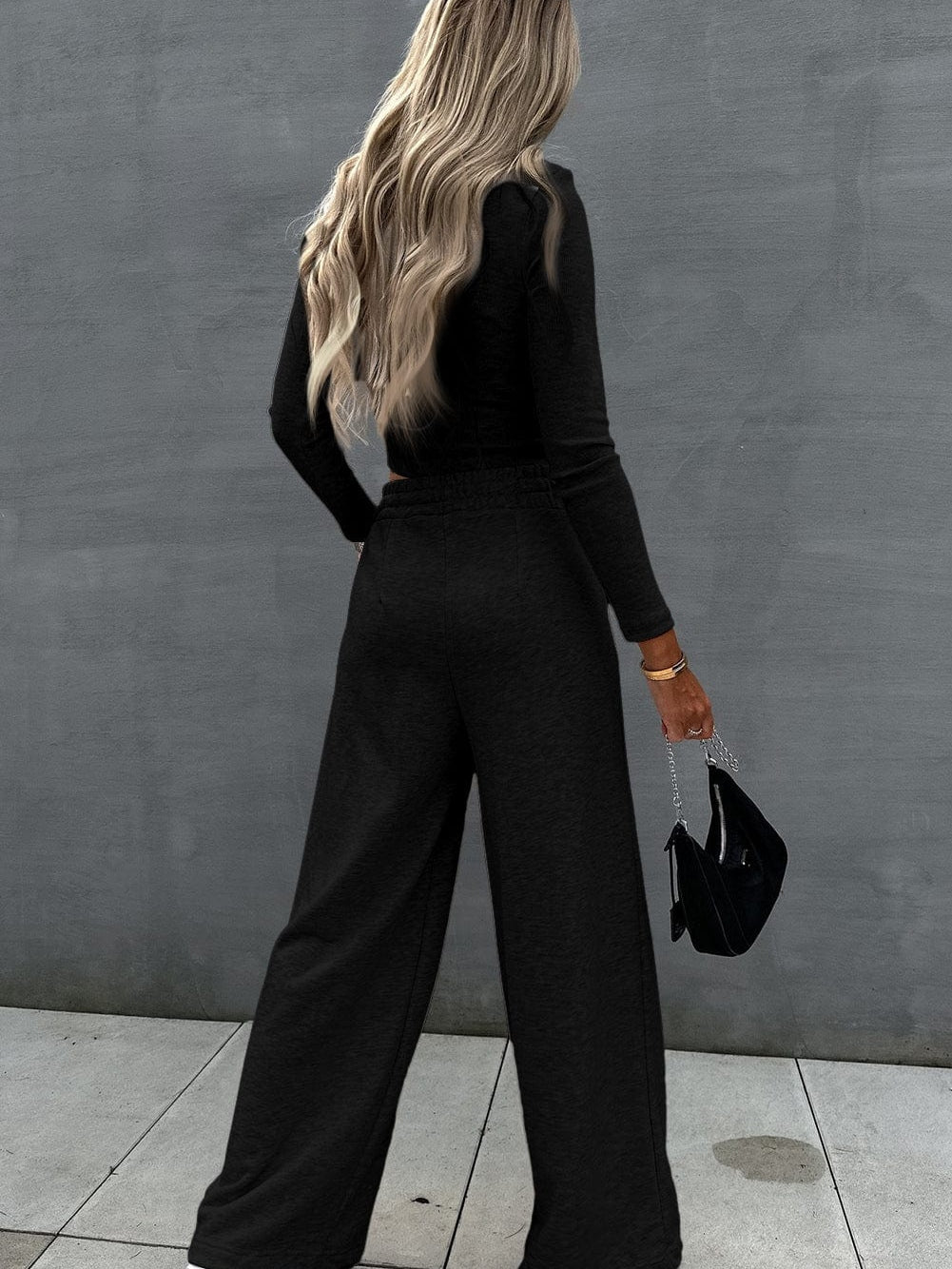 Stylish Black Two Piece Crop Top and Wide Leg Pants Set