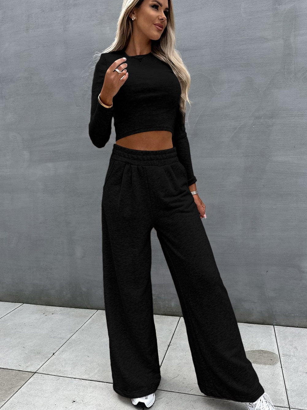 Stylish Black Two Piece Crop Top and Wide Leg Pants Set