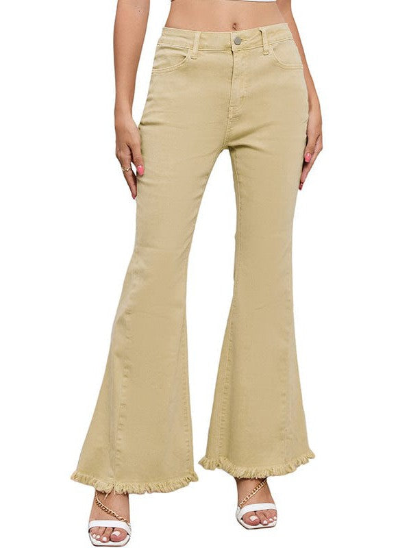Stylish High-Waisted Bootcut Khaki Jeans for Women with Raw Edge Denim