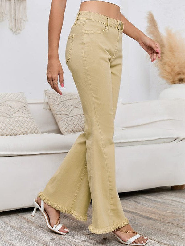 Stylish High-Waisted Bootcut Khaki Jeans for Women with Raw Edge Denim