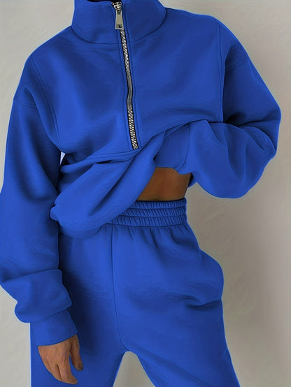 Stylish Zip-Up Sweatshirt & Solid Sweatpants Two-Piece Set