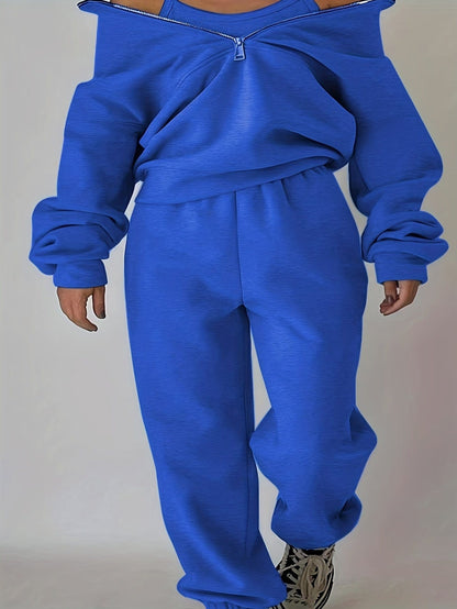 Stylish Zip-Up Sweatshirt & Solid Sweatpants Two-Piece Set