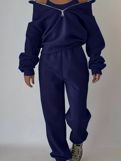 Stylish Zip-Up Sweatshirt & Solid Sweatpants Two-Piece Set