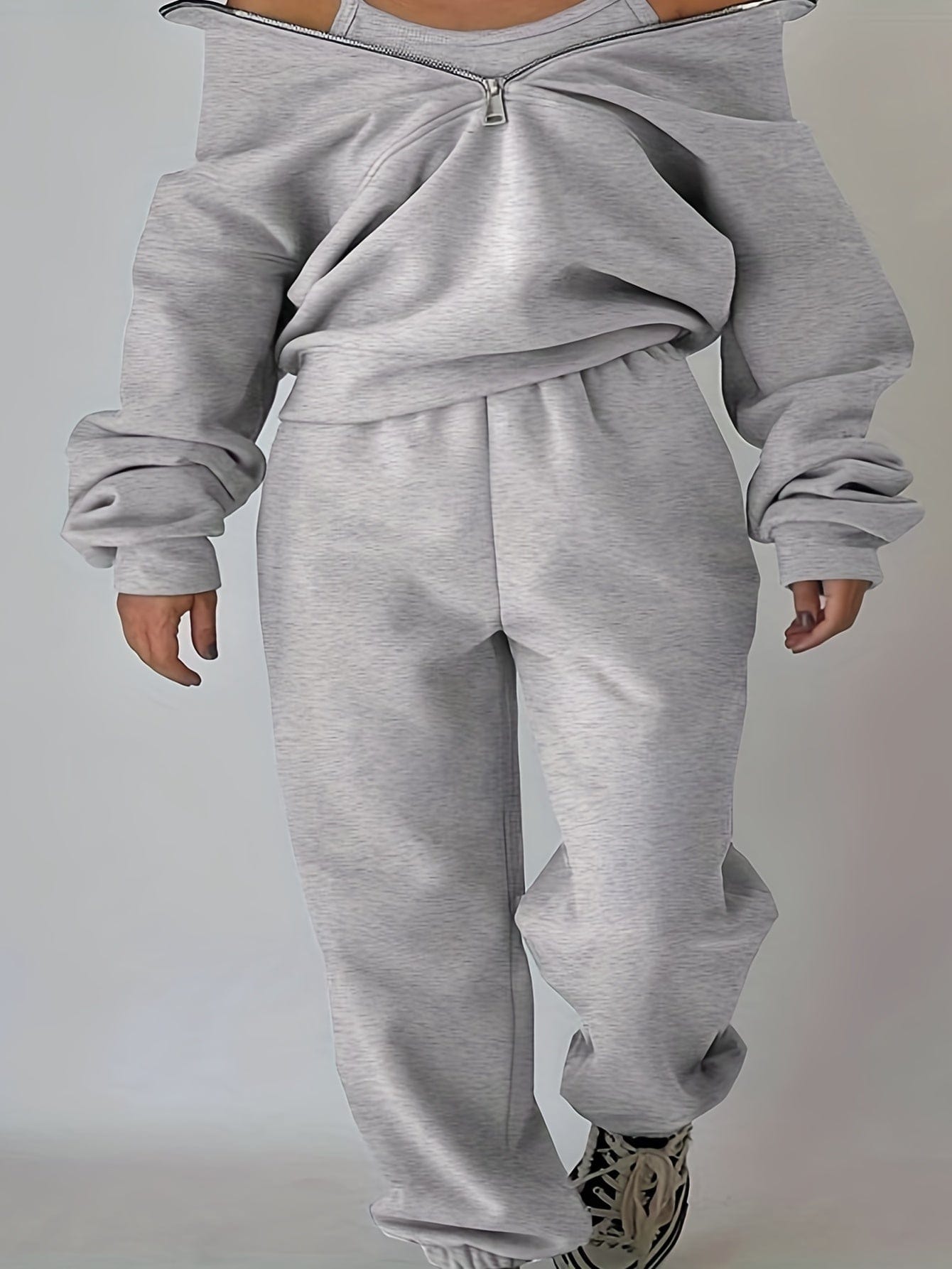 Stylish Zip-Up Sweatshirt & Solid Sweatpants Two-Piece Set