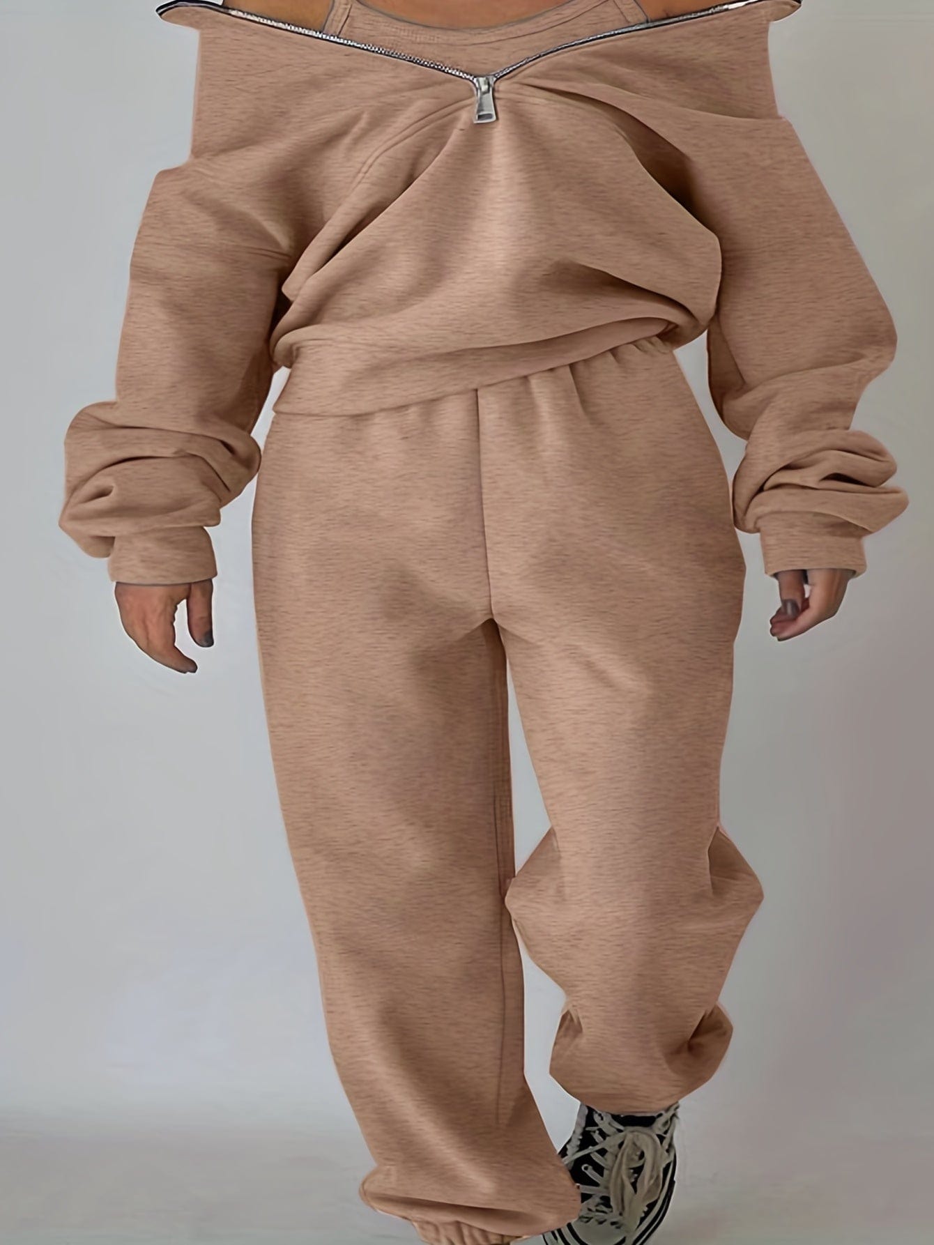 Stylish Zip-Up Sweatshirt & Solid Sweatpants Two-Piece Set