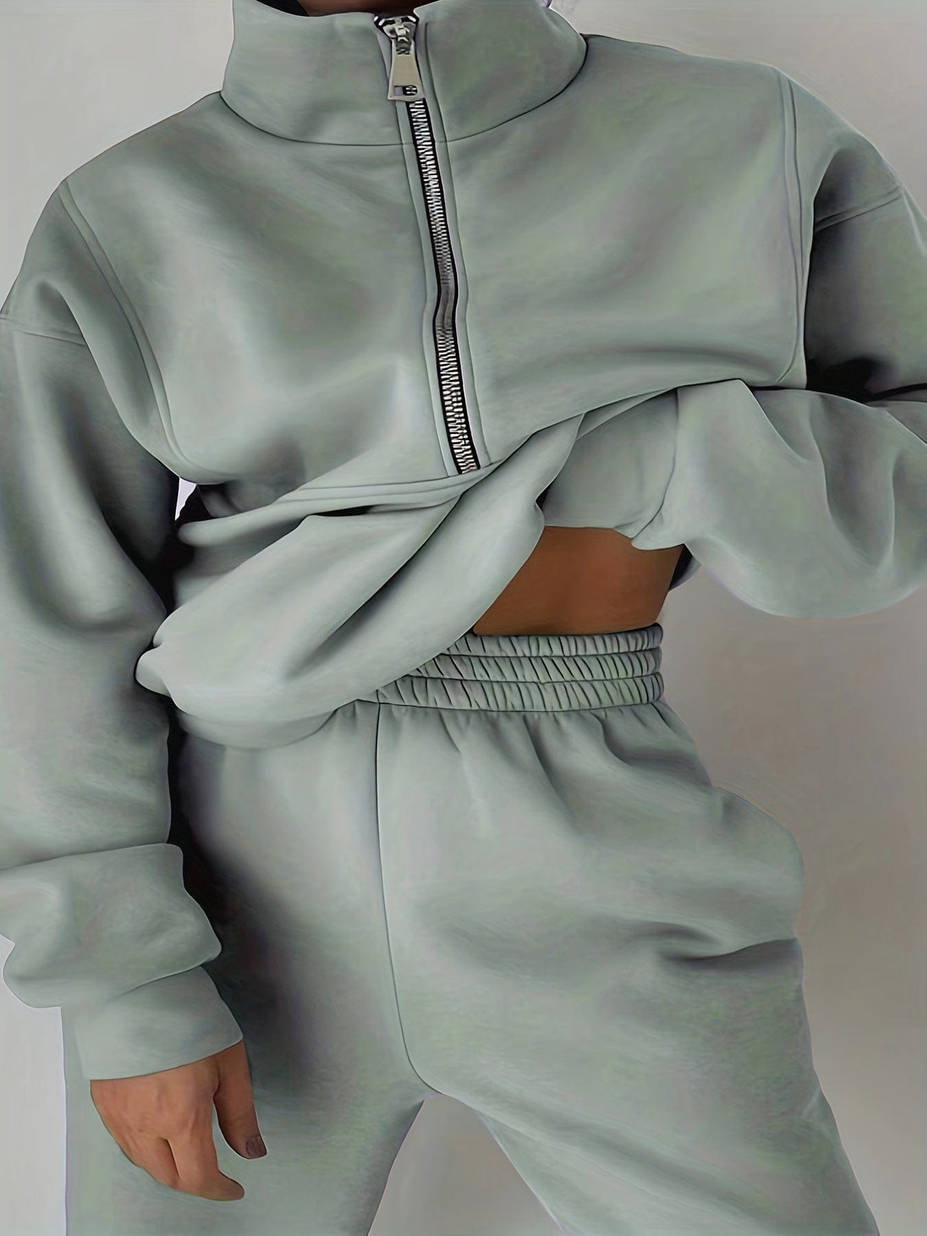 Stylish Zip-Up Sweatshirt & Solid Sweatpants Two-Piece Set