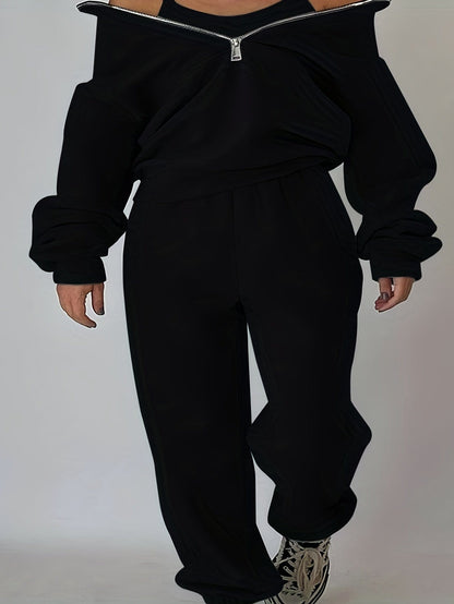 Stylish Zip-Up Sweatshirt & Solid Sweatpants Two-Piece Set