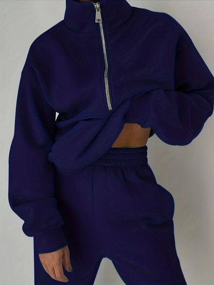 Stylish Zip-Up Sweatshirt & Solid Sweatpants Two-Piece Set