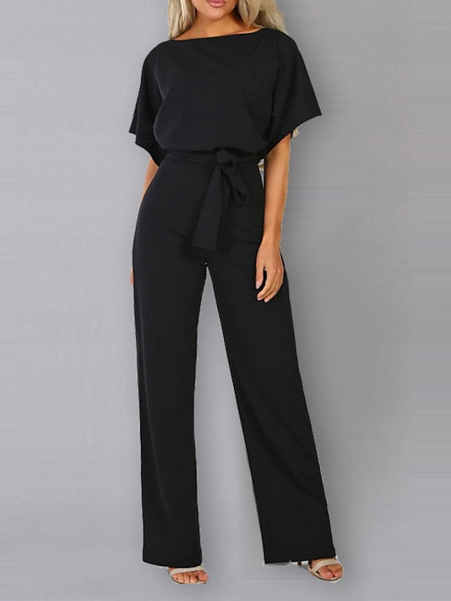 Women's Belted Jumpsuit Long Wide Leg Pant Party Romper Jumpsuits Casual Loose Short Sleeve Playsuits with Belts - LuckyFash™