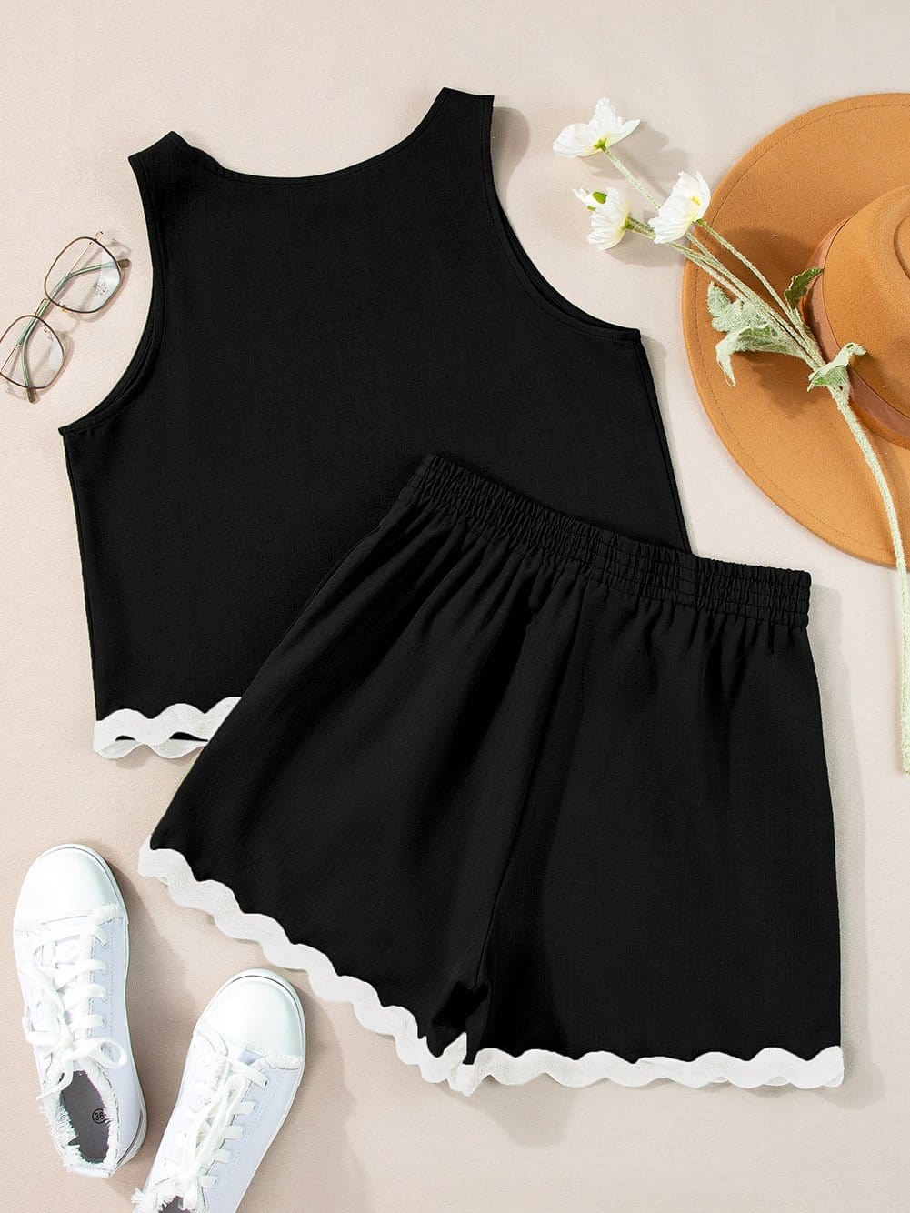 Summer Chic Black Ricrac Trim Sleeveless Tank Top and Elastic Waist Shorts Set