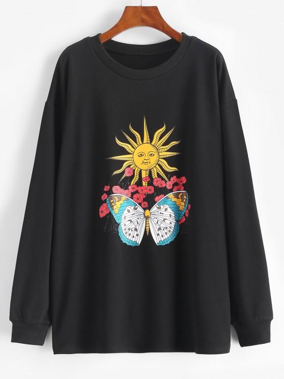 Sun Flower Butterfly Print Drop Shoulder Loose Sweatshirt for Women