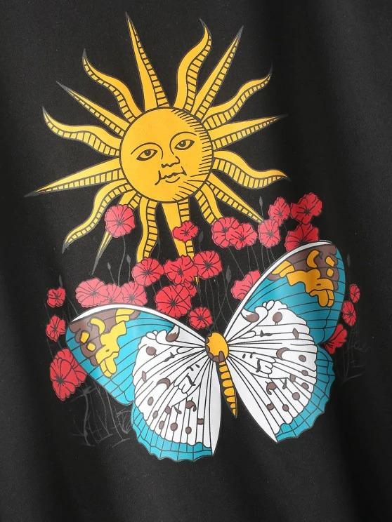 Sun Flower Butterfly Print Drop Shoulder Loose Sweatshirt - LuckyFash™