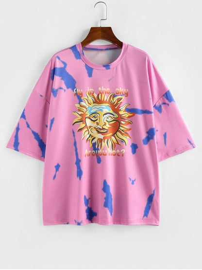 Sun Letter Tie Dye Drop Shoulder Oversized T-shirt for Women