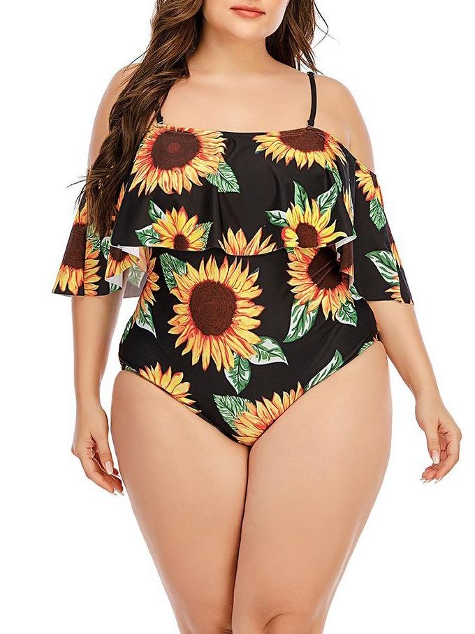 Sunflower Print Plus Size Strappy Swimsuit - LuckyFash™