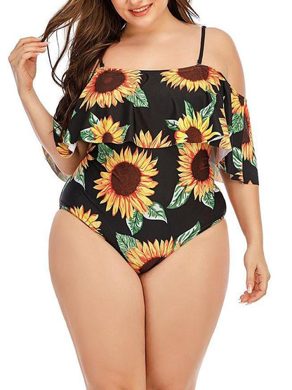 Sunflower Print Plus Size Strappy Swimsuit - LuckyFash™