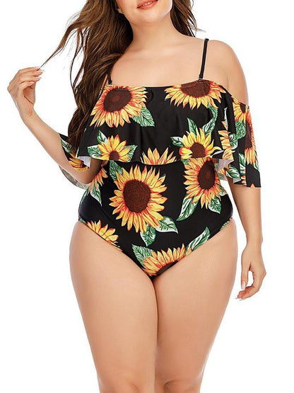 Sunflower Print Plus Size Strappy Swimsuit - LuckyFash™