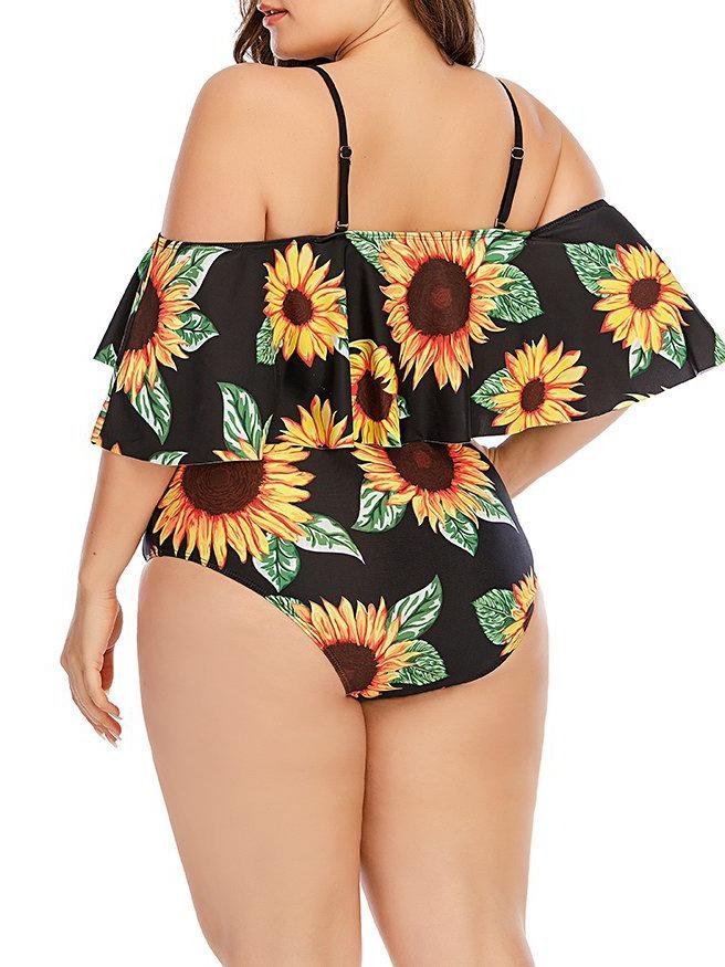 Sunflower Print Plus Size Strappy Swimsuit - LuckyFash™