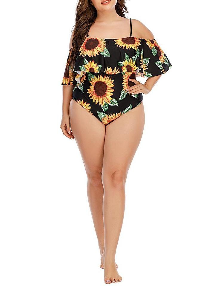 Sunflower Print Plus Size Strappy Swimsuit - LuckyFash™