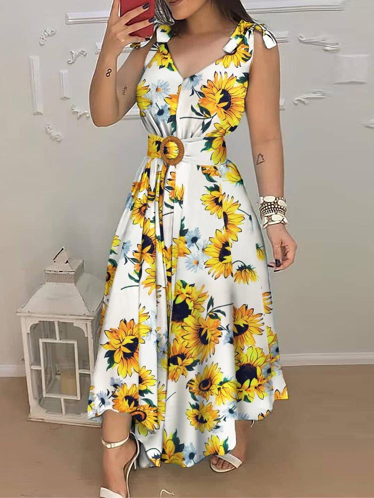 Sunflower Print Tied Detail Sleeveless Maxi Dress for Women