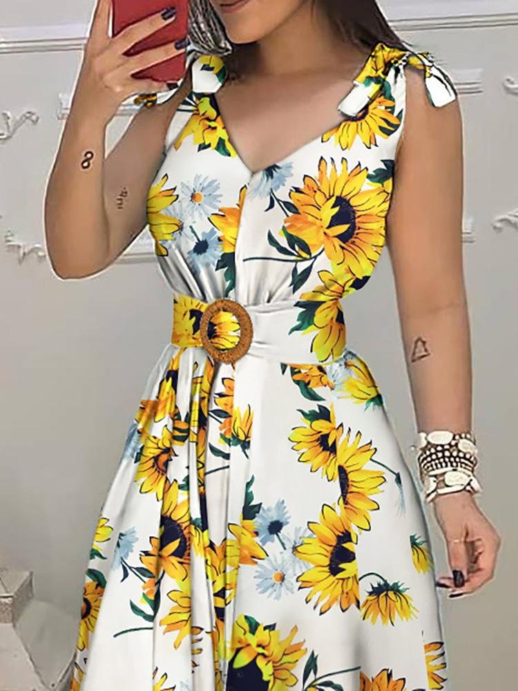 Sunflower Print Tied Detail Sleeveless Maxi Dress - LuckyFash™