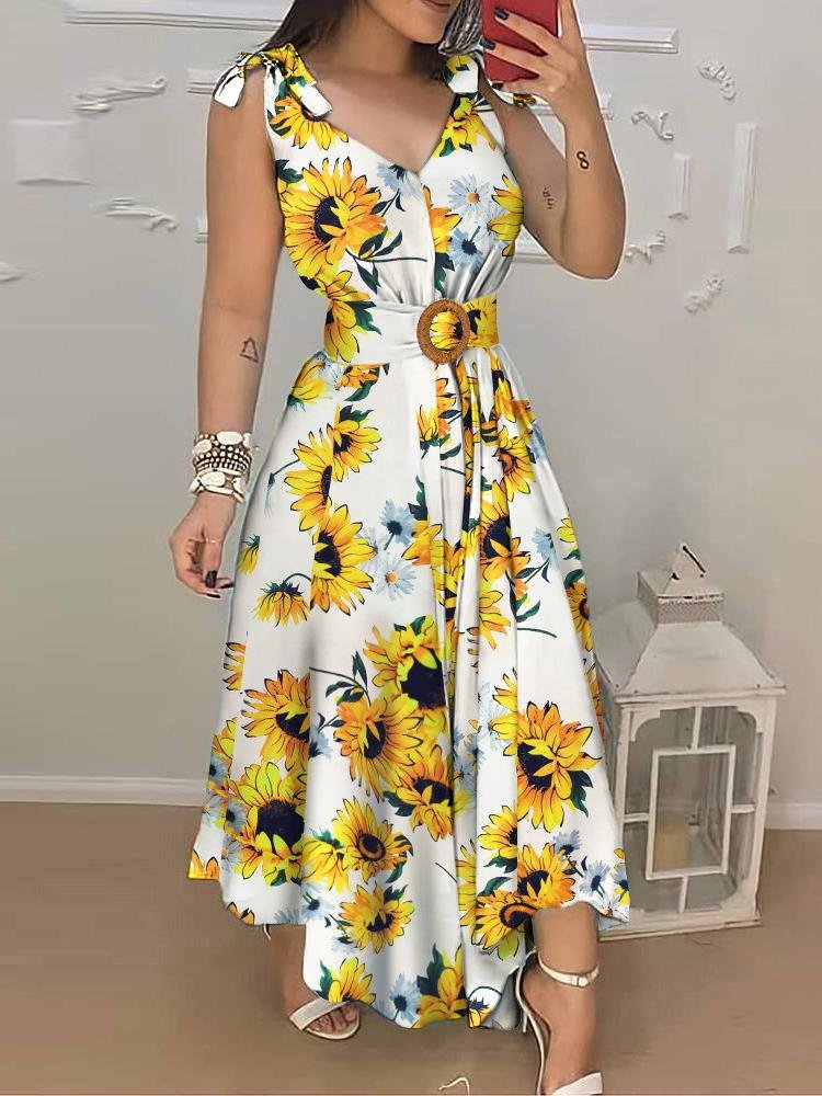 Sunflower Print Tied Detail Sleeveless Maxi Dress - LuckyFash™