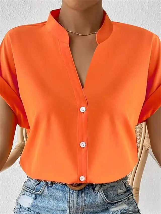Women's Shirt Blouse Plain Orange red Black White Button Short Sleeve Work Elegant Fashion Business Standing Collar Regular Fit