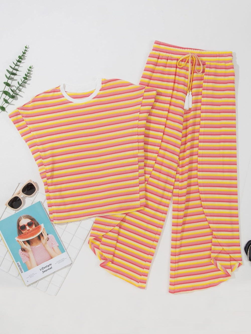 Sunrise Striped Rainbow Top and Tassel Pants Ensemble