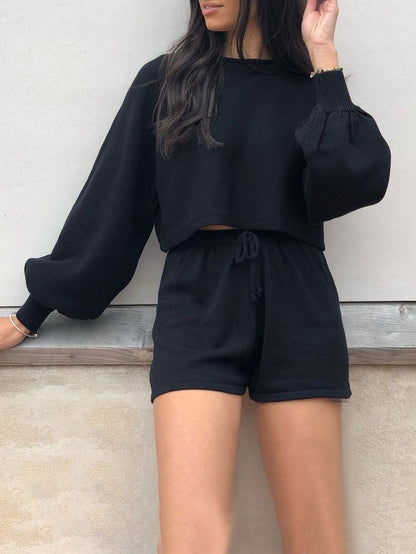 Sweater Puff Sleeve Top & Shorts Two-piece Set for Women