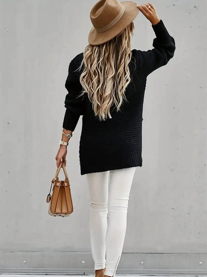 MsDressly Sweaters Casual Chunky Knit Mock Neck  Long Sleeve Split Pullover Sweater