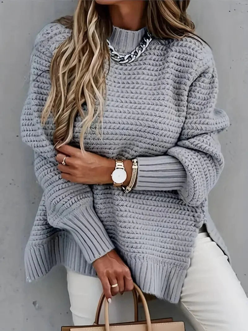 MsDressly Sweaters Casual Chunky Knit Mock Neck  Long Sleeve Split Pullover Sweater SWE231012221GRYS(4)