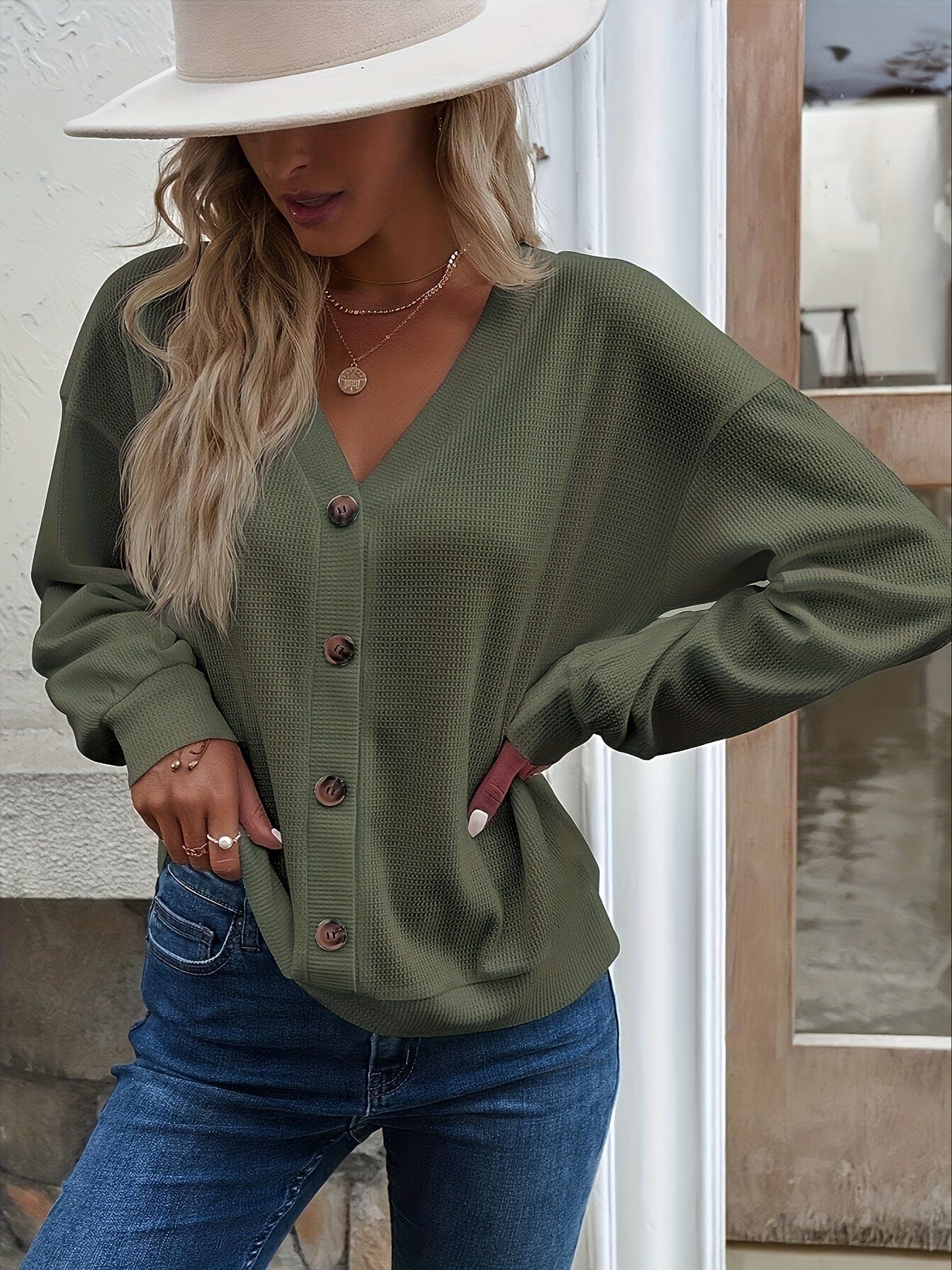 MsDressly Sweaters Casual Drop Shoulder V-Neck Long Sleeve Button Sweater