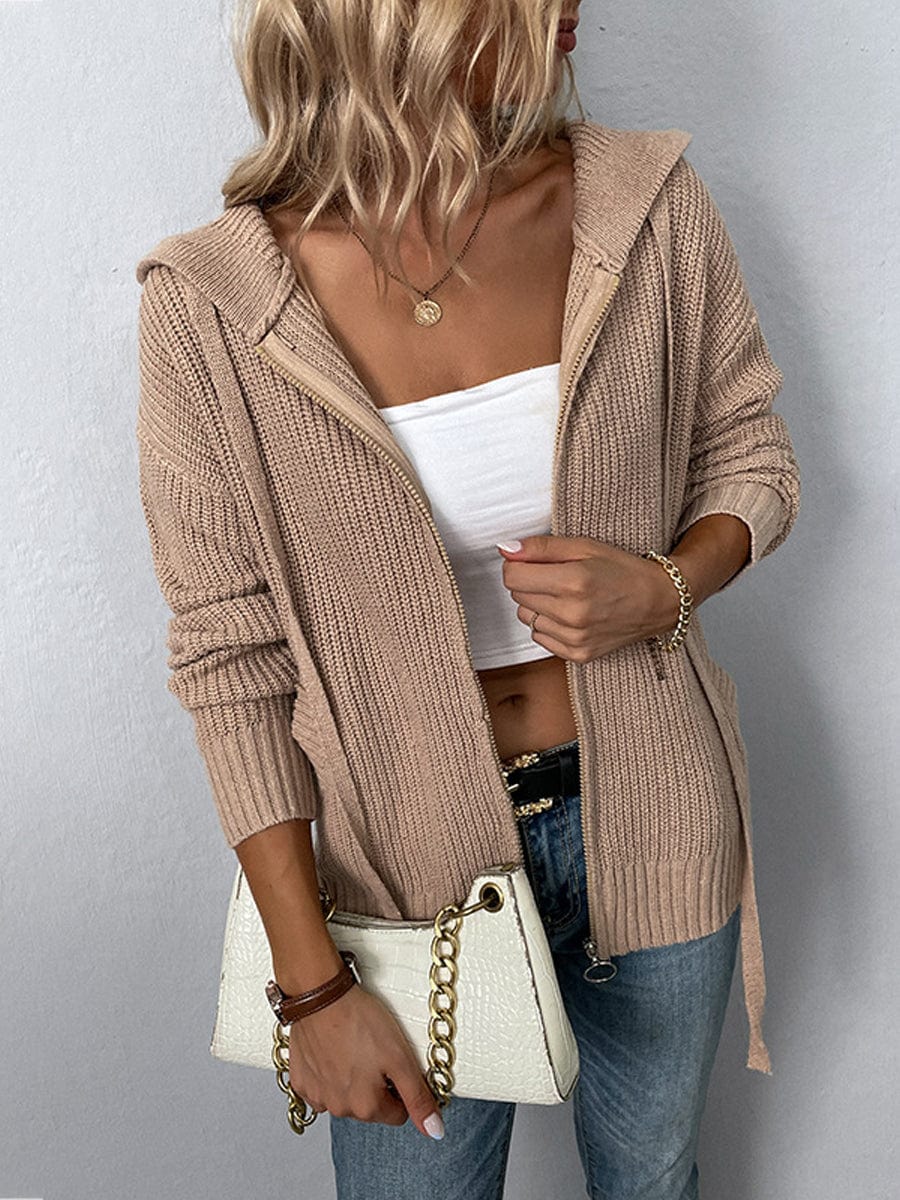 MsDressly Sweaters Comfortable Commuter Loose Solid Color Zipper Knit Sweater SWE2306010005KHAS