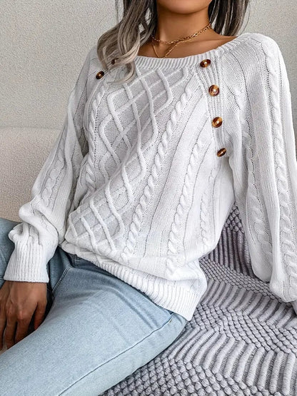 MsDressly Sweaters Cozy Solid Cable Knit Square Neck Long Sleeve Sweater