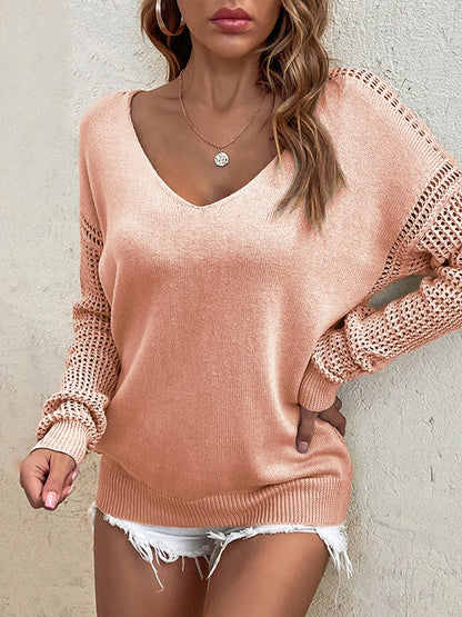 MsDressly Sweaters Loose Long-Sleeve Solid Color Hollow V-Neck Sweater SWE2306010006PINS