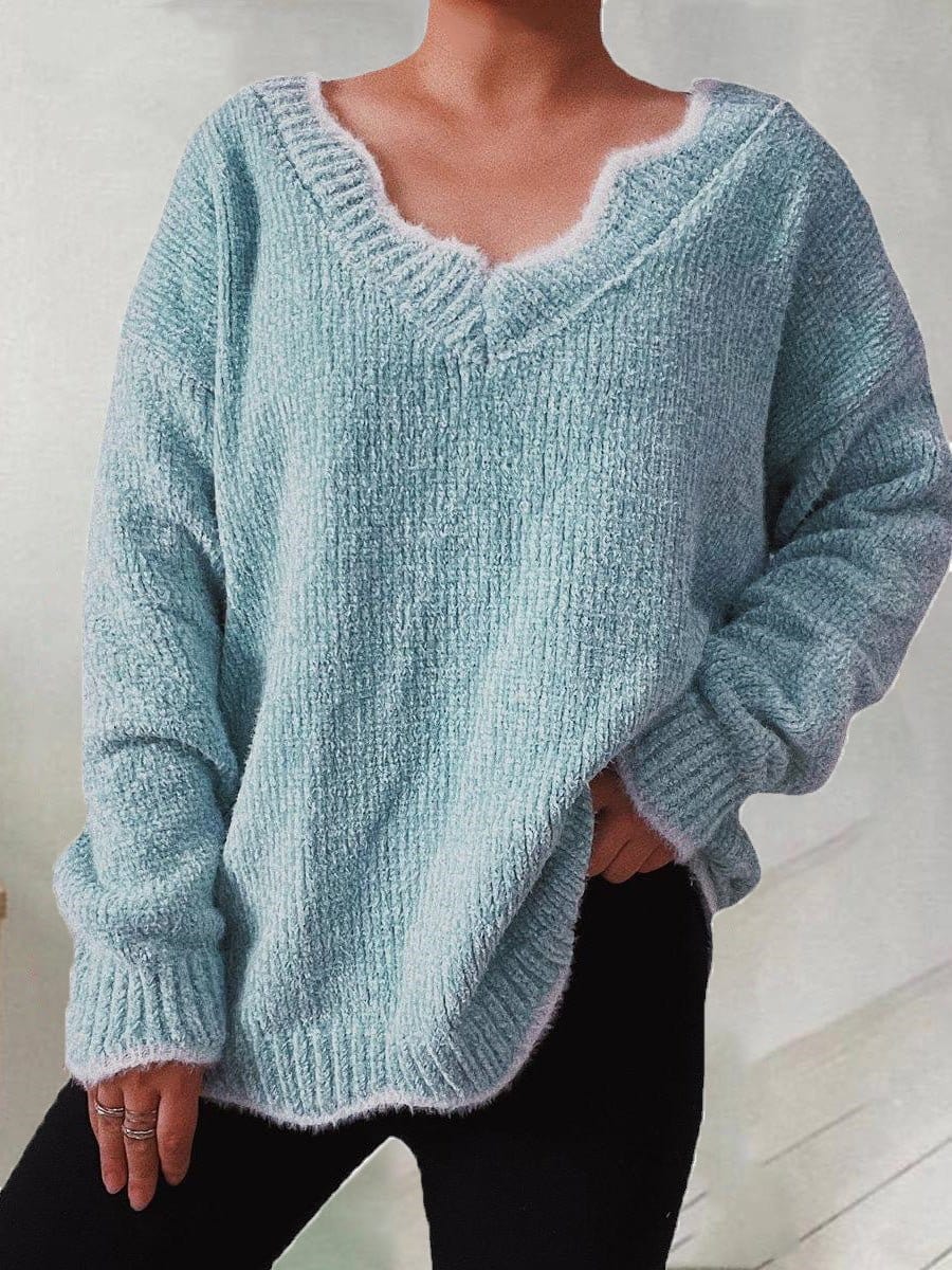 MsDressly Sweaters Solid Wavy Neck Long Sleeve Sweater SWE2208311394GRES