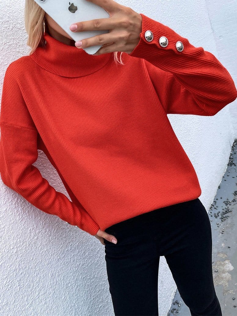 MsDressly Sweaters Turtleneck Solid Long Sleeve Knitted Sweater SWE2109101168REDS