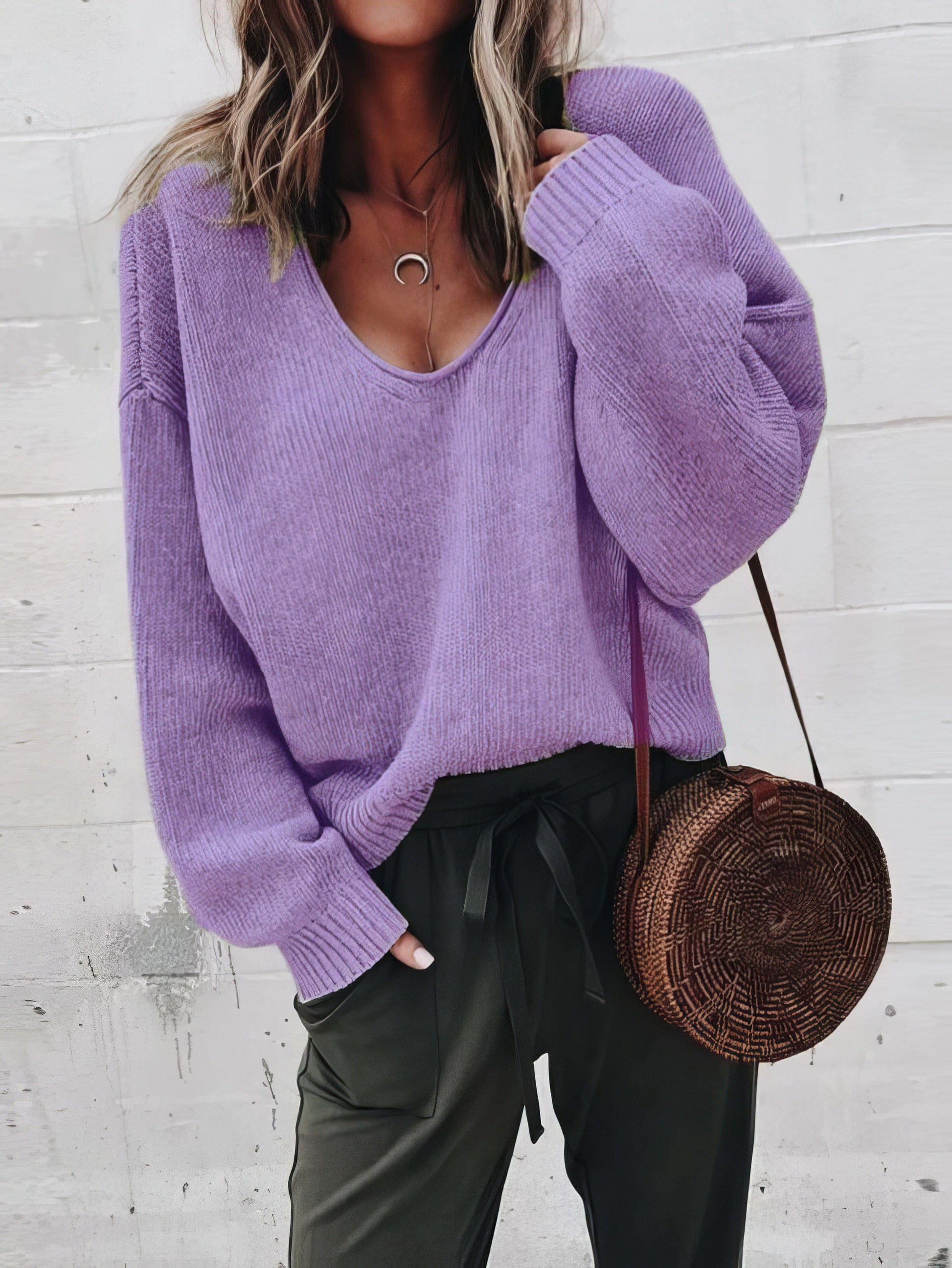 MsDressly Sweaters V-Neck Long Sleeve Solid Loose Knit Sweater SWE2109181185PURS