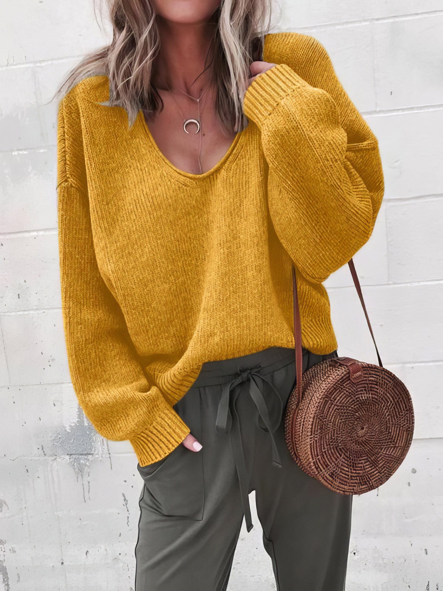 MsDressly Sweaters V-Neck Long Sleeve Solid Loose Knit Sweater SWE2109181185YELS