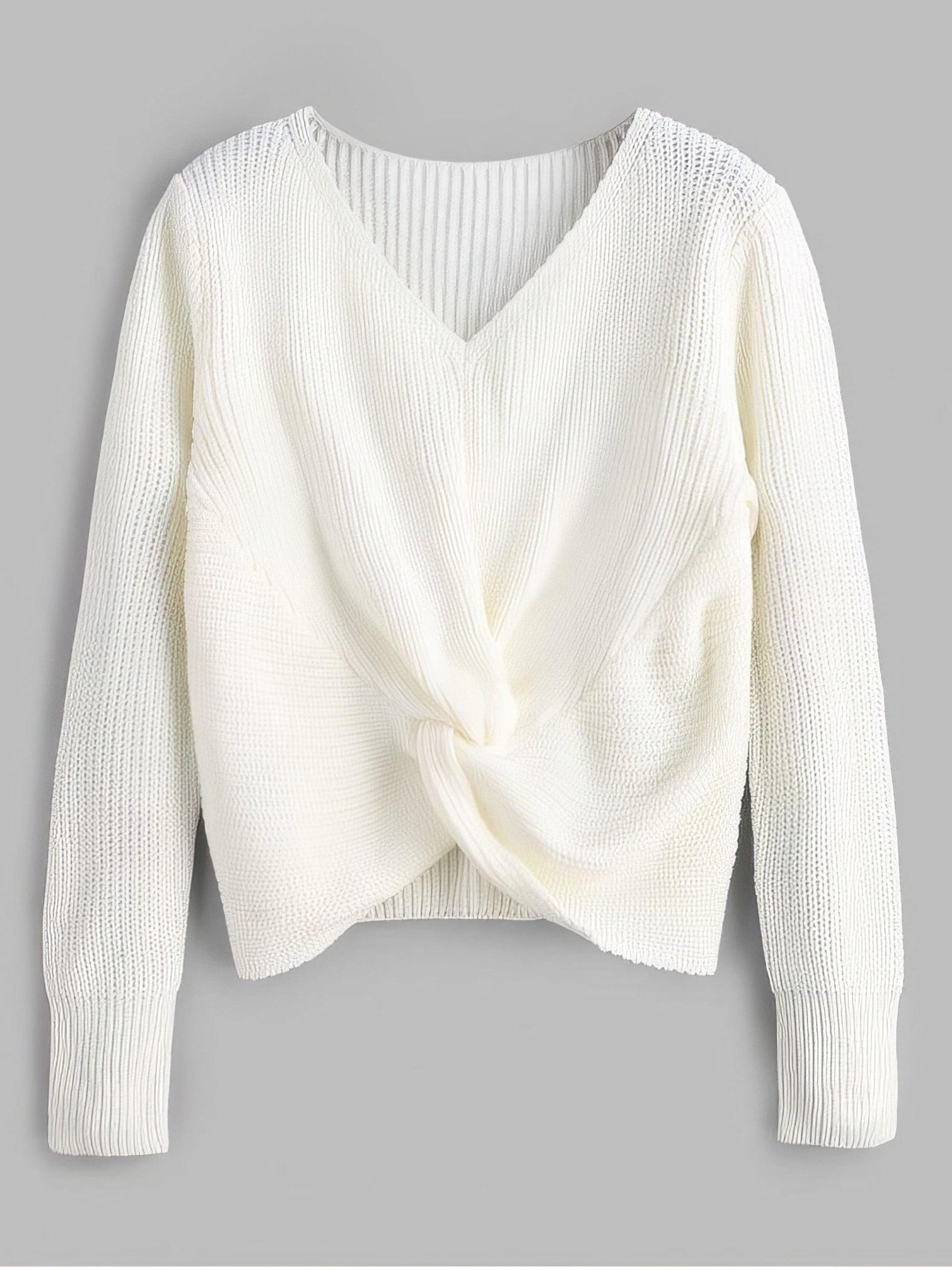 MsDressly Sweaters V Neck Twist Front Pullover Sweater SWE210312368CRWHIS