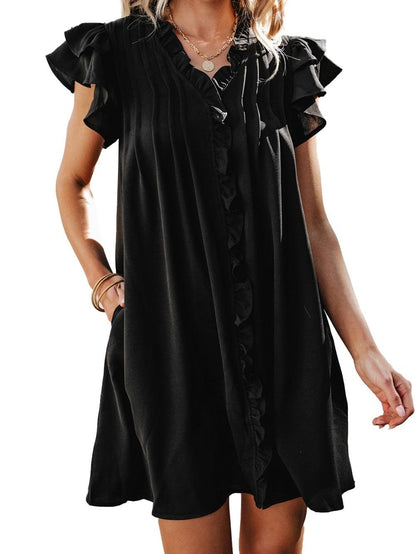 Sweet Black Ruffle Sleeve V Neck Mini Shift Dress