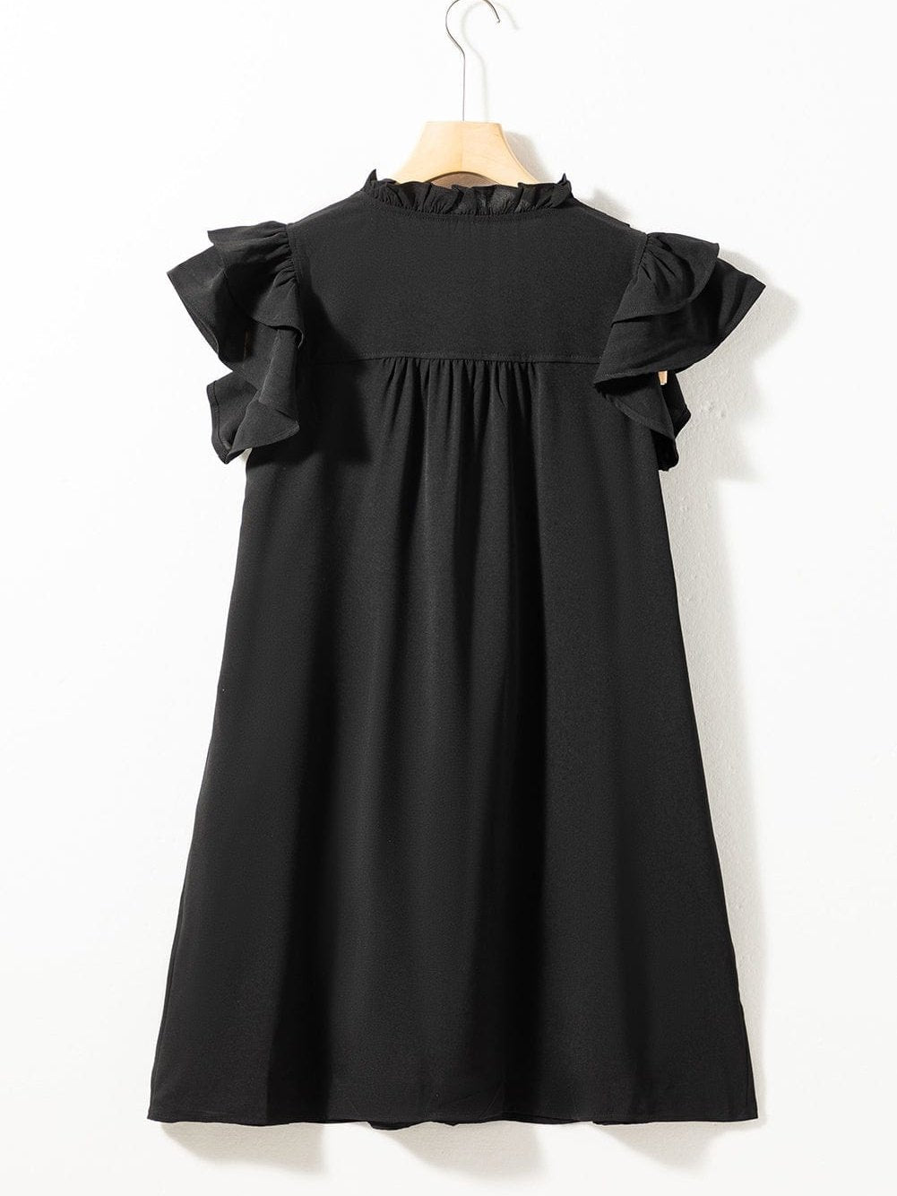 Sweet Black Ruffle Sleeve V Neck Mini Shift Dress