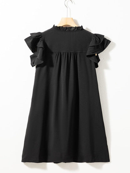 Sweet Black Ruffle Sleeve V Neck Mini Shift Dress