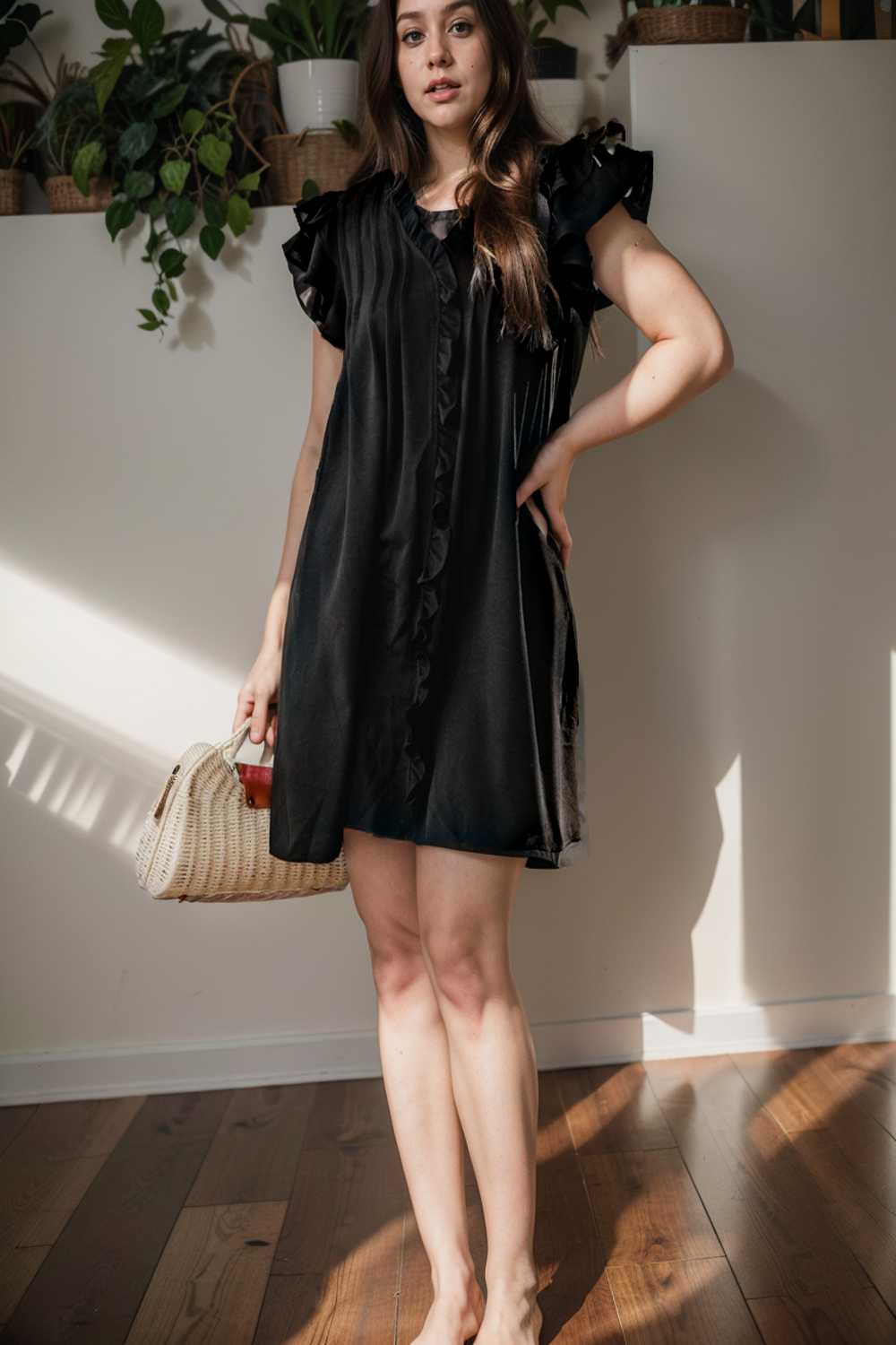 sweet black ruffle sleeve v neck mini shift dress 113584