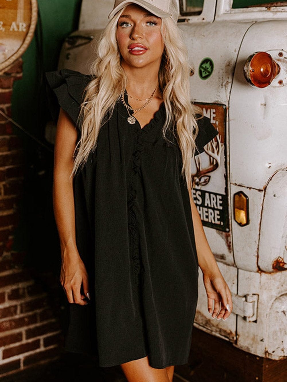 Sweet Black Ruffle Sleeve V Neck Mini Shift Dress