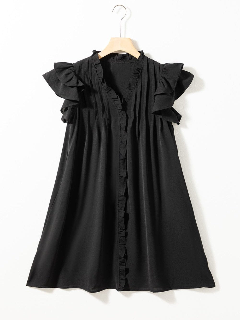 Sweet Black Ruffle Sleeve V Neck Mini Shift Dress