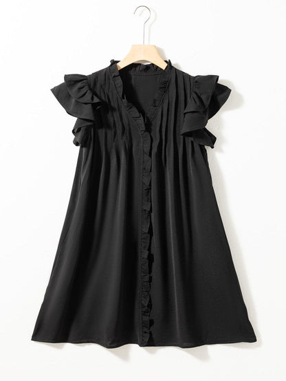 Sweet Black Ruffle Sleeve V Neck Mini Shift Dress