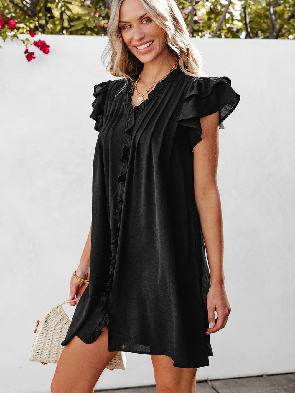 Sweet Black Ruffle Sleeve V Neck Mini Shift Dress